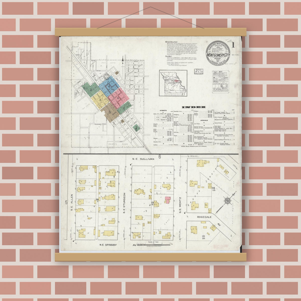 Old map wall art mockup — magnetic wood frame on brick wall — Sanborn Fire Insurance Map from Montgomery City, Montgomery County, Missouri (1917) - Complete Map Set