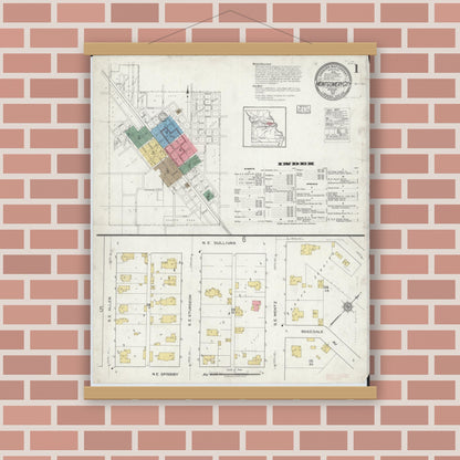 Old map wall art mockup — magnetic wood frame on brick wall — Sanborn Fire Insurance Map from Montgomery City, Montgomery County, Missouri (1917) - Complete Map Set