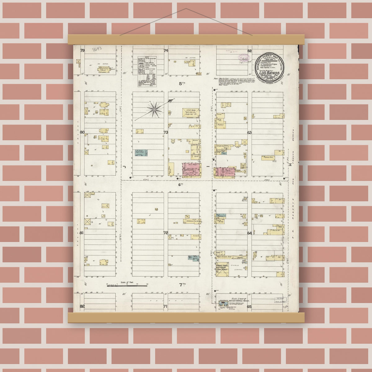 Old map wall art mockup — magnetic wood frame on brick wall — Sanborn Fire Insurance Map from Los Banos, Merced County, California (1894), Sheet #0001