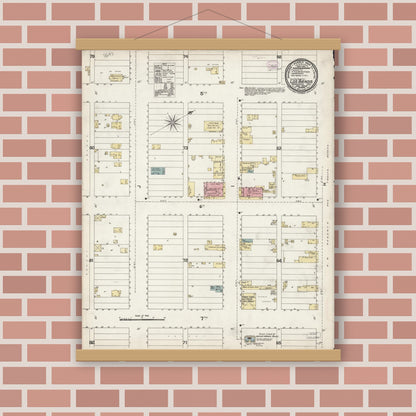 Old map wall art mockup — magnetic wood frame on brick wall — Sanborn Fire Insurance Map from Los Banos, Merced County, California (1894), Sheet #0001