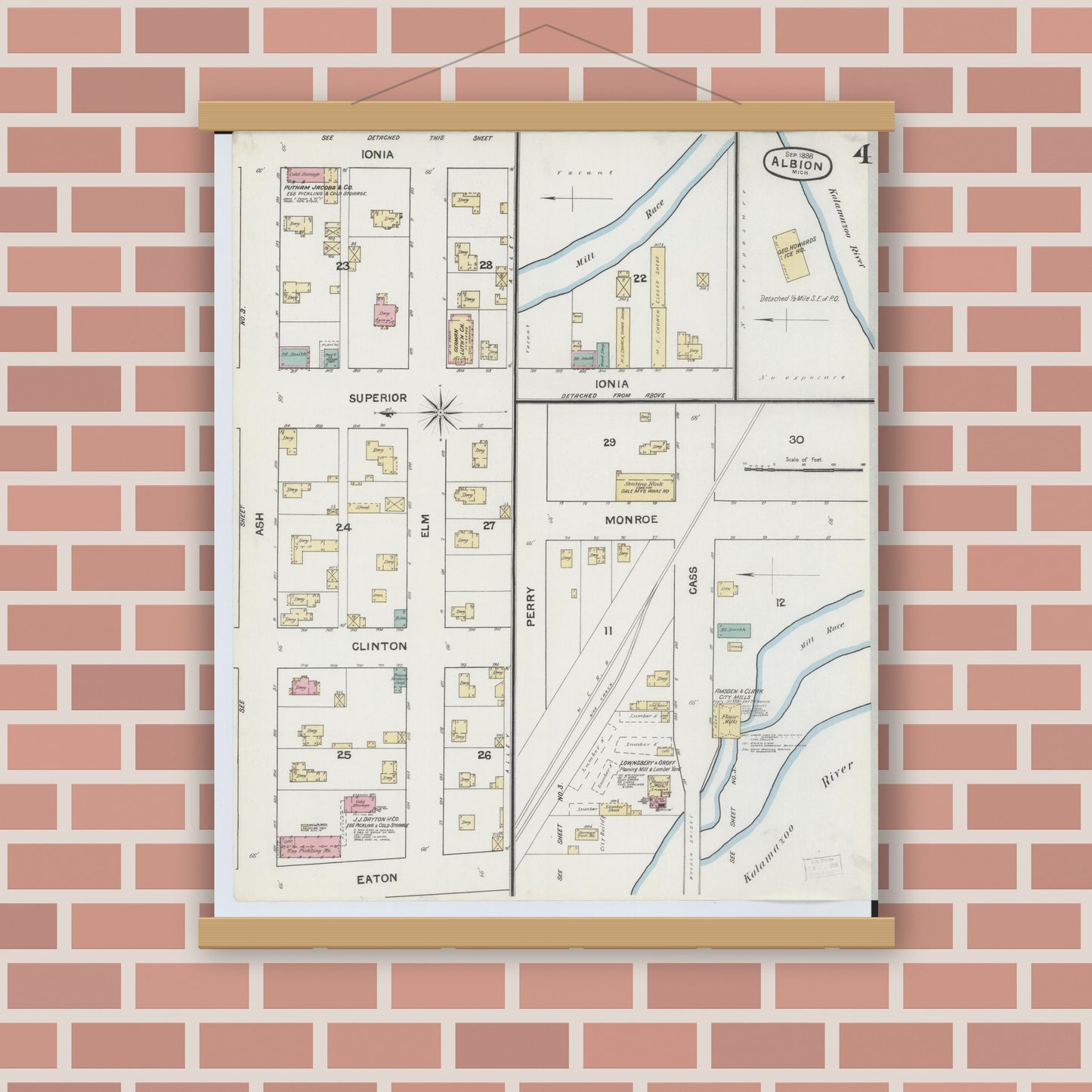 Old map wall art mockup — magnetic wood frame on brick wall — Sanborn Fire Insurance Map from Albion, Calhoun County, Michigan (1888), Sheet #0004