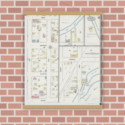 Old map wall art mockup — magnetic wood frame on brick wall — Sanborn Fire Insurance Map from Albion, Calhoun County, Michigan (1888), Sheet #0004