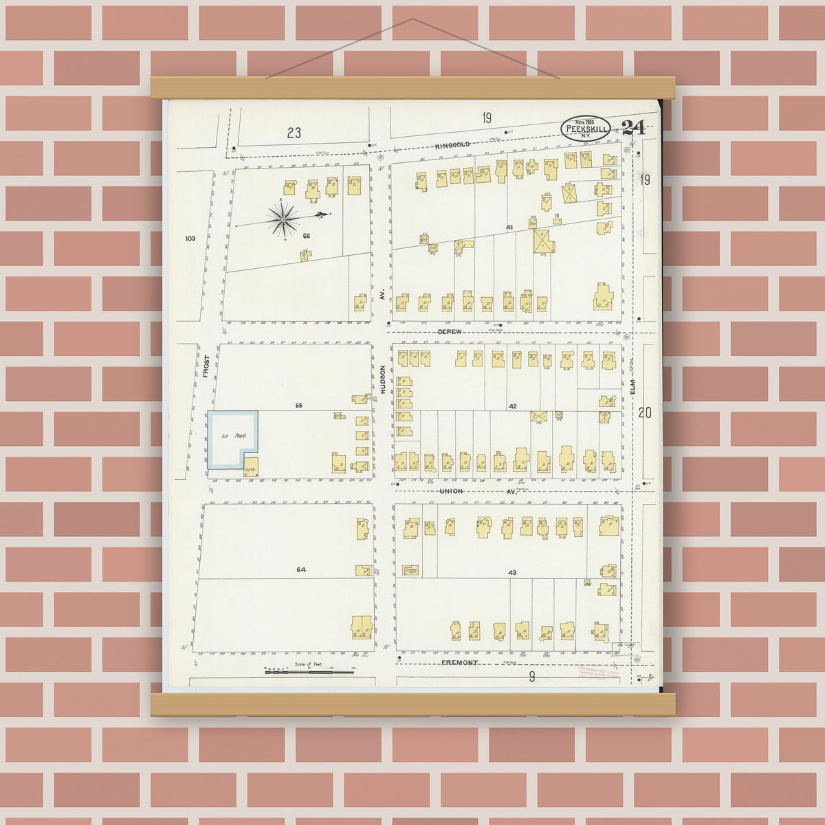 Old map wall art mockup — magnetic wood frame on brick wall — Sanborn Fire Insurance Map from Peekskill, Westchester County, New York (1905), Sheet #0024