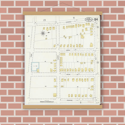 Old map wall art mockup — magnetic wood frame on brick wall — Sanborn Fire Insurance Map from Peekskill, Westchester County, New York (1905), Sheet #0024
