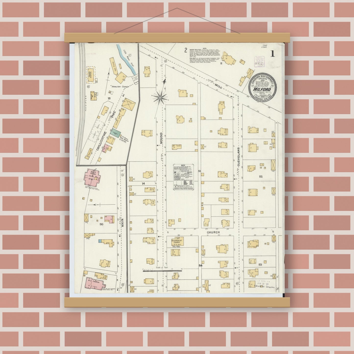Old map wall art mockup — magnetic wood frame on brick wall — Sanborn Fire Insurance Map from Milford, Clermont And Hamilton County, Ohio (1905), Sheet #0001
