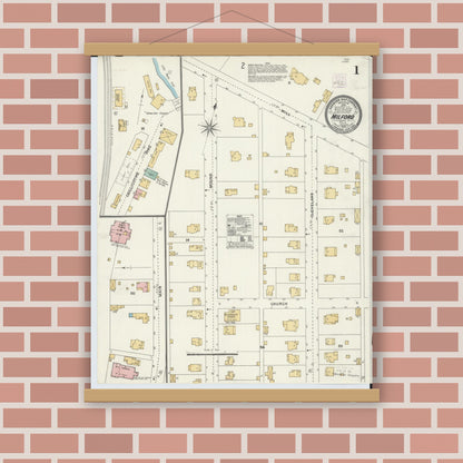 Old map wall art mockup — magnetic wood frame on brick wall — Sanborn Fire Insurance Map from Milford, Clermont And Hamilton County, Ohio (1905), Sheet #0001