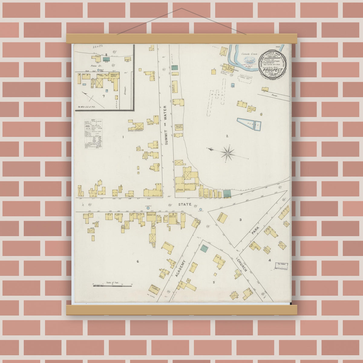 Old map wall art mockup — magnetic wood frame on brick wall — Sanborn Fire Insurance Map from Prospect, Oneida County, New York (1894), Sheet #0001