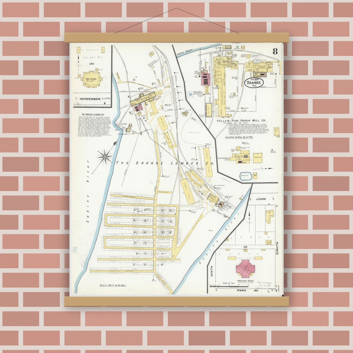 Old map wall art mockup — magnetic wood frame on brick wall — Sanborn Fire Insurance Map from Orange, Orange County, Texas (1909), Sheet #0008