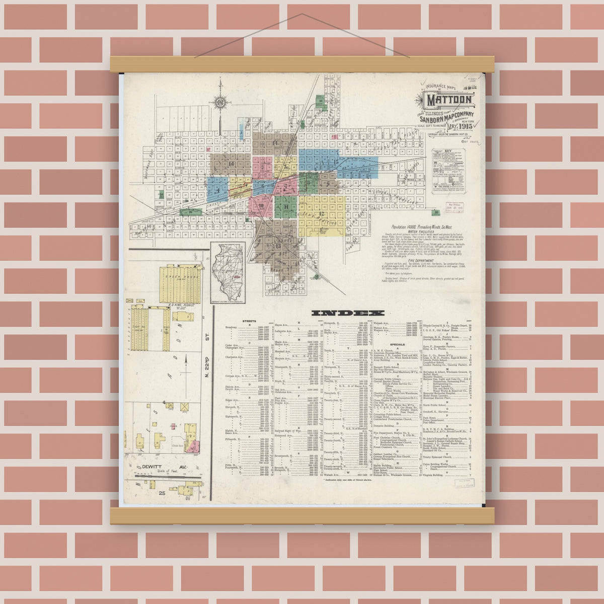 Old map wall art mockup — magnetic wood frame on brick wall — Sanborn Fire Insurance Map from Mattoon, Coles County, Illinois (1915), Sheet #0001