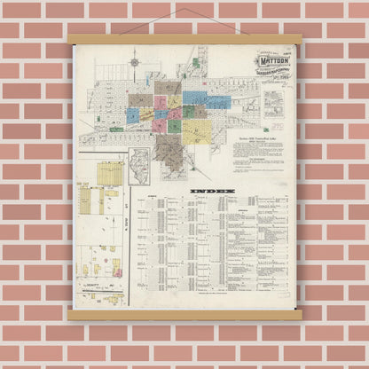Old map wall art mockup — magnetic wood frame on brick wall — Sanborn Fire Insurance Map from Mattoon, Coles County, Illinois (1915), Sheet #0001