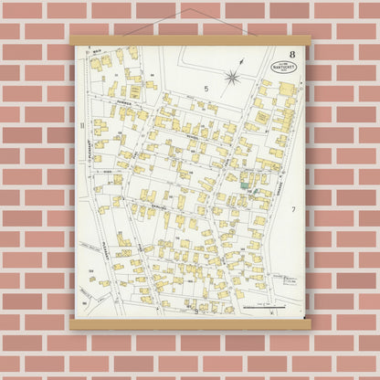 Old map wall art mockup — magnetic wood frame on brick wall — Sanborn Fire Insurance Map from Nantucket, Nantucket County, Massachusetts (1898), Sheet #0008
