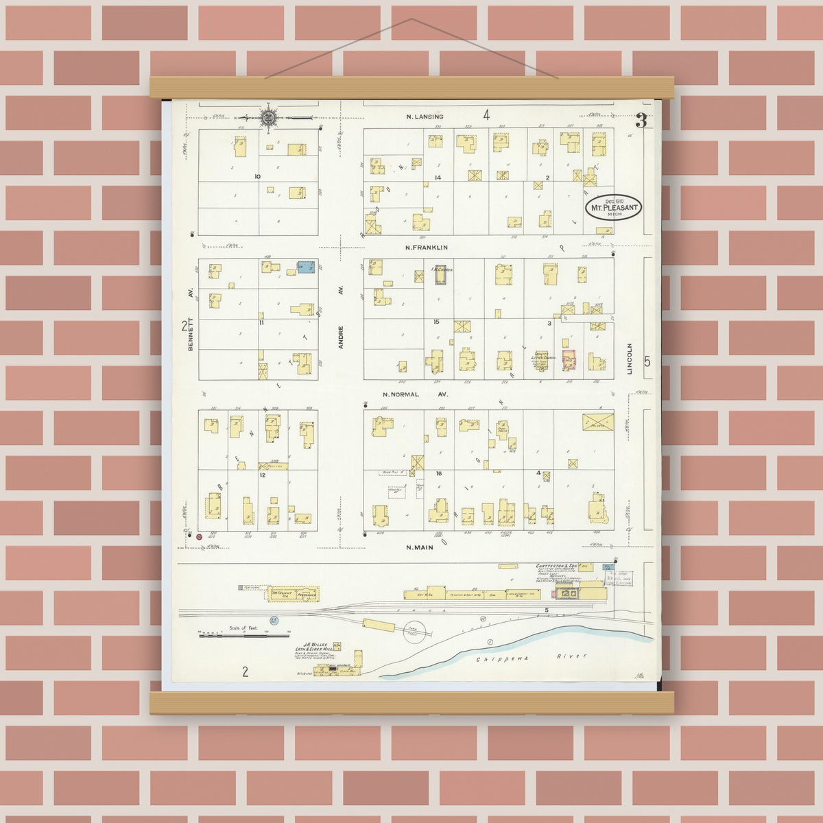 Old map wall art mockup — magnetic wood frame on brick wall — Sanborn Fire Insurance Map from Mount Pleasant, Isabella County, Michigan (1910), Sheet #0003