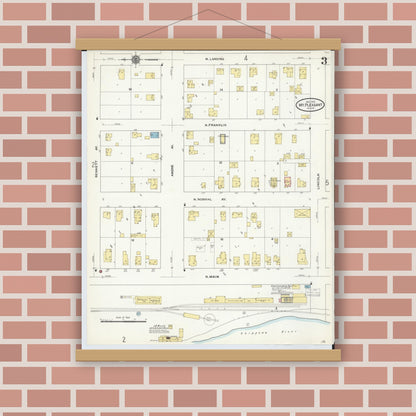 Old map wall art mockup — magnetic wood frame on brick wall — Sanborn Fire Insurance Map from Mount Pleasant, Isabella County, Michigan (1910), Sheet #0003