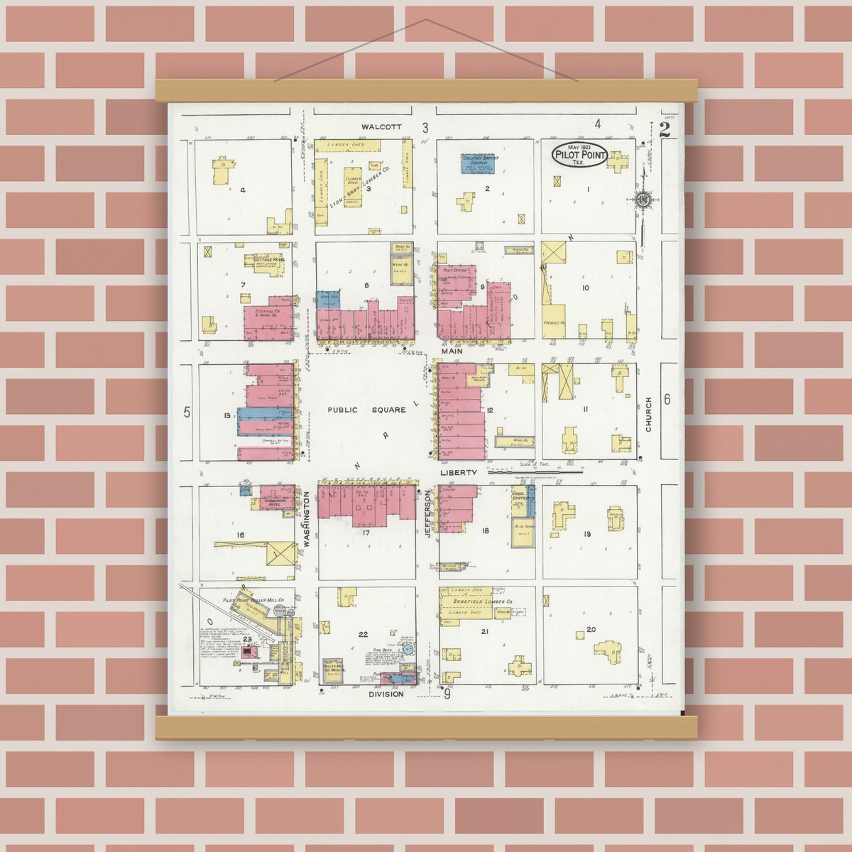 Old map wall art mockup — magnetic wood frame on brick wall — Sanborn Fire Insurance Map from Pilot Point, Denton County, Texas (1921), Sheet #0002