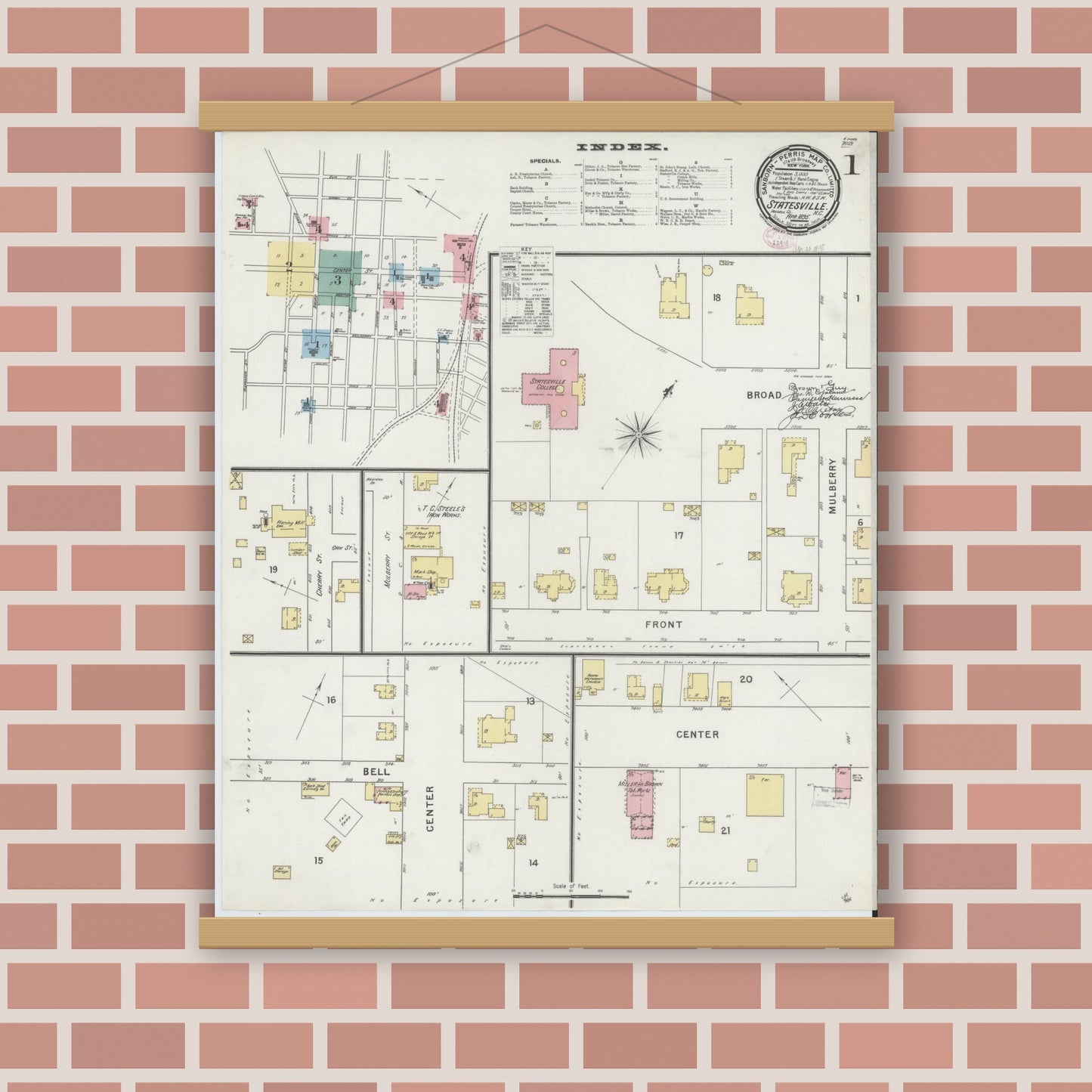 Old map wall art mockup — magnetic wood frame on brick wall — Sanborn Fire Insurance Map from Statesville, Iredell County, North Carolina (1895), Sheet #0001