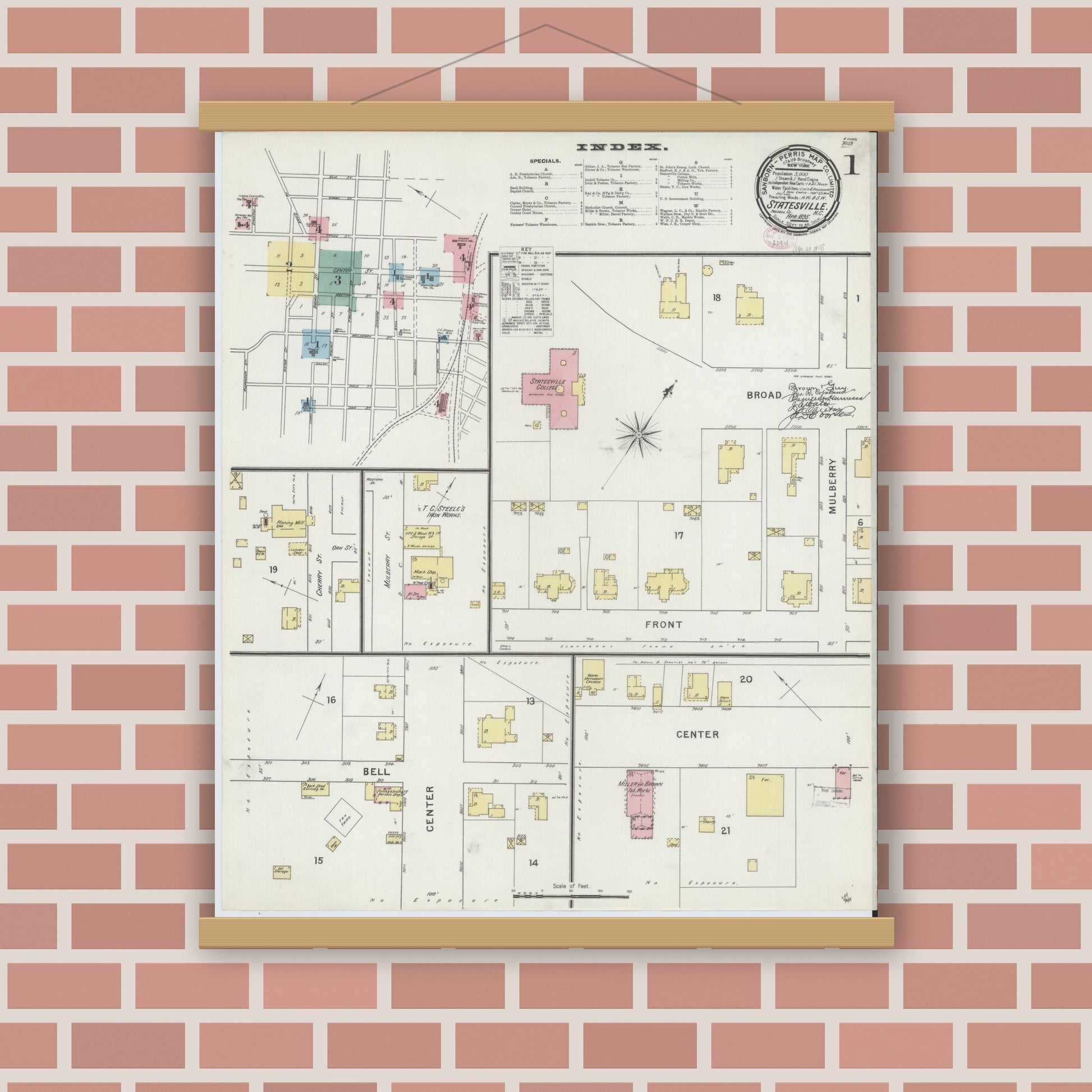 Old map wall art mockup — magnetic wood frame on brick wall — Sanborn Fire Insurance Map from Statesville, Iredell County, North Carolina (1895), Sheet #0001