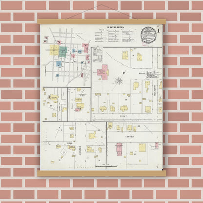 Old map wall art mockup — magnetic wood frame on brick wall — Sanborn Fire Insurance Map from Statesville, Iredell County, North Carolina (1895), Sheet #0001