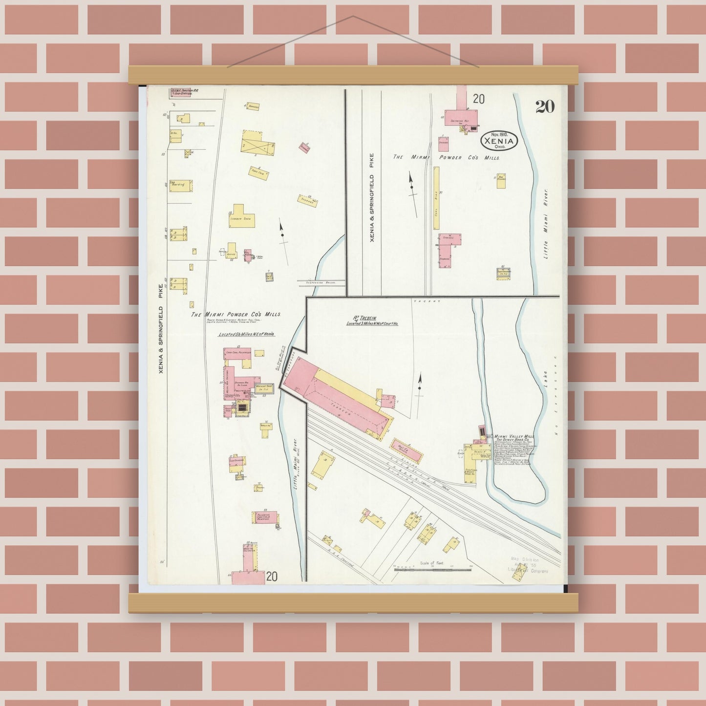 Old map wall art mockup — magnetic wood frame on brick wall — Sanborn Fire Insurance Map from Xenia, Greene County, Ohio (1910), Sheet #0020