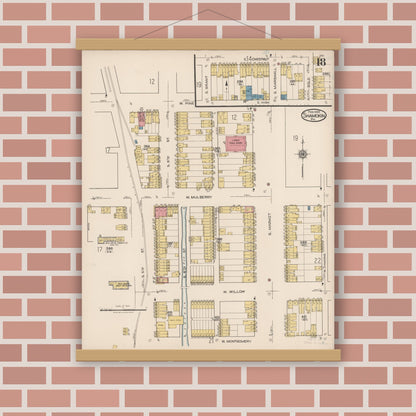 Old map wall art mockup — magnetic wood frame on brick wall — Sanborn Fire Insurance Map from Shamokin, Northumberland County, Pennsylvania (1922), Sheet #0018