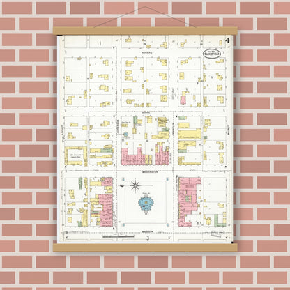 Old map wall art mockup — magnetic wood frame on brick wall — Sanborn Fire Insurance Map from Bloomfield, Davis County, Iowa (1900), Sheet #0004