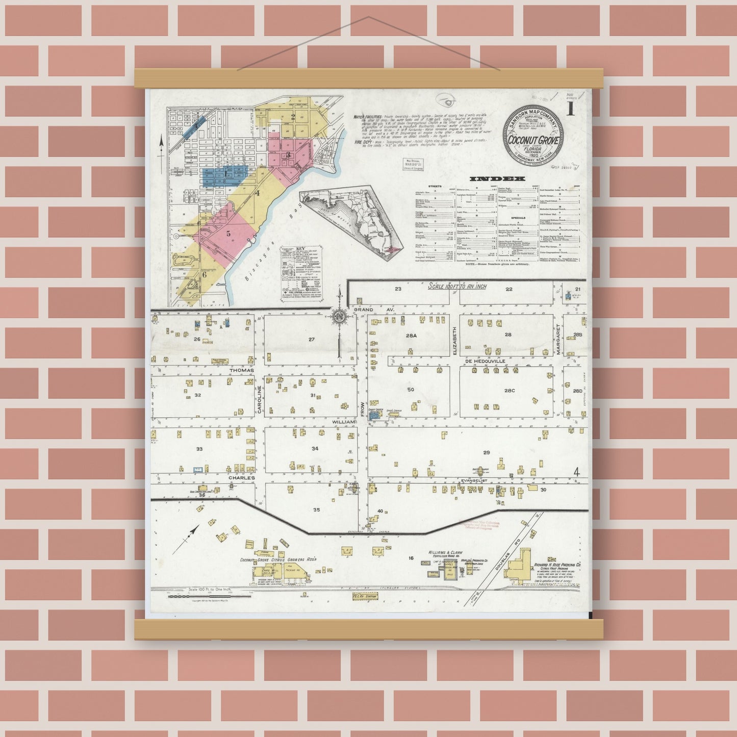 Old map wall art mockup — magnetic wood frame on brick wall — Sanborn Fire Insurance Map from Coconut Grove, Dade County, Florida (1920) - Complete Map Set