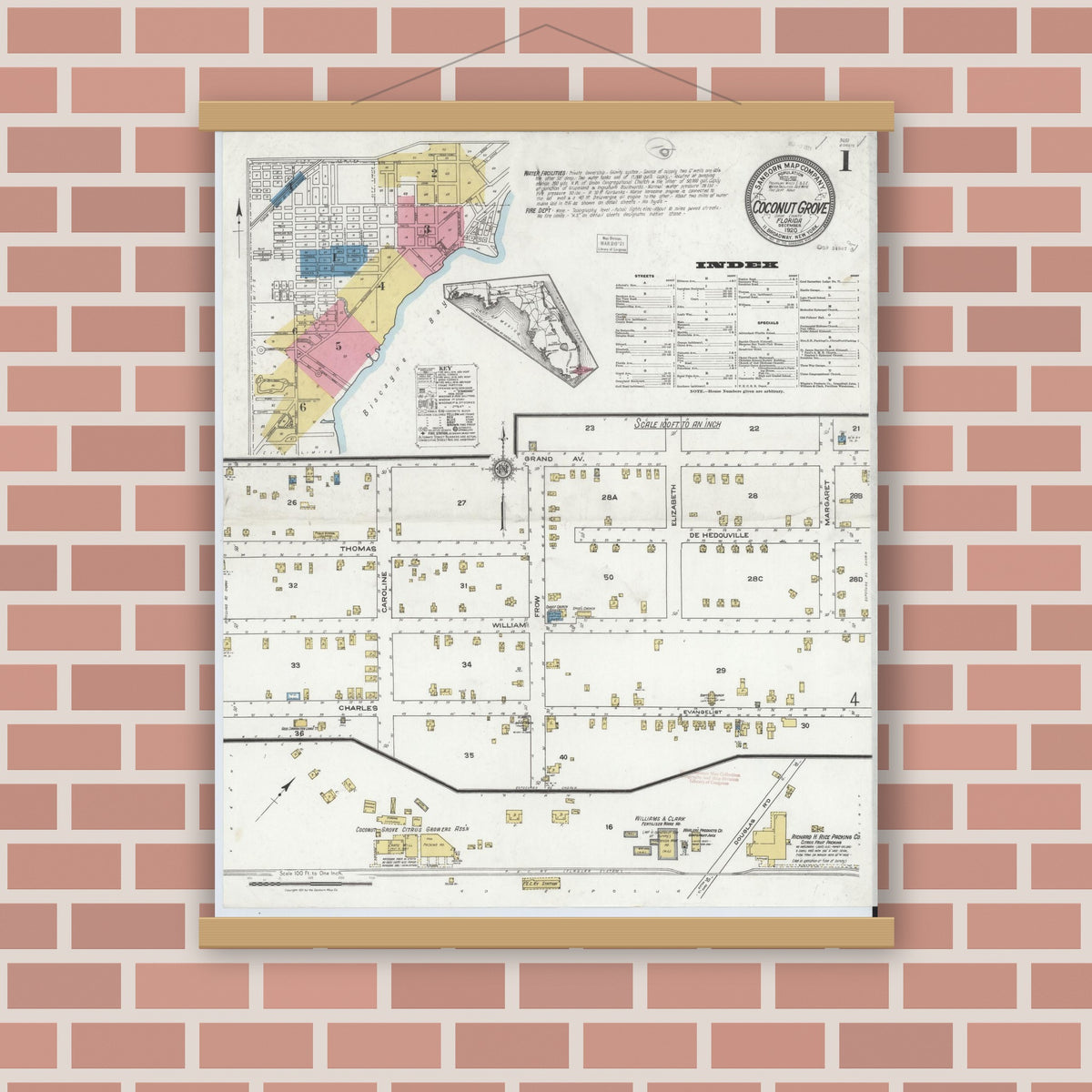 Old map wall art mockup — magnetic wood frame on brick wall — Sanborn Fire Insurance Map from Coconut Grove, Dade County, Florida (1920) - Complete Map Set