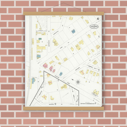 Old map wall art mockup — magnetic wood frame on brick wall — Sanborn Fire Insurance Map from Swarthmore, Delaware County, Pennsylvania (1909), Sheet #0006