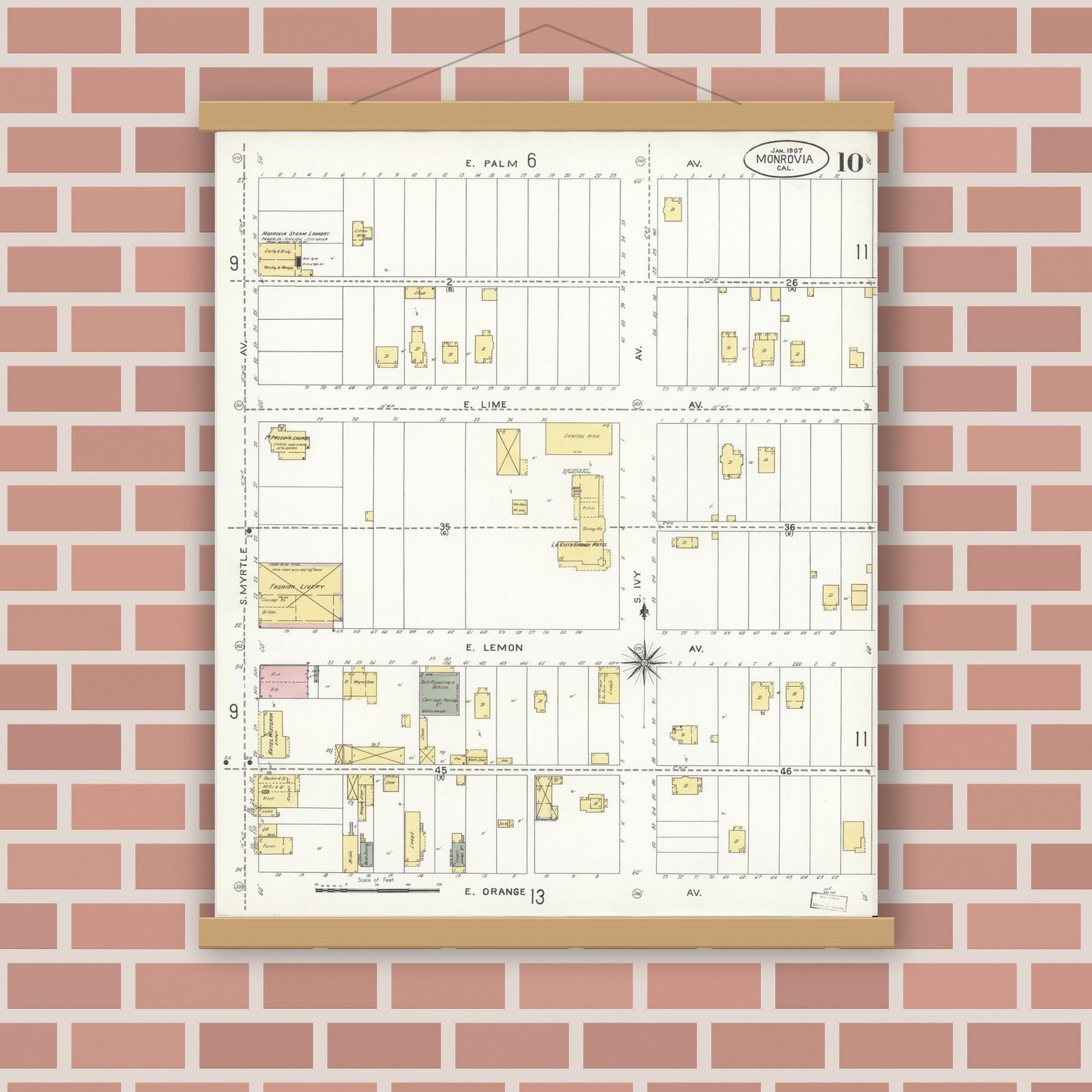 Old map wall art mockup — magnetic wood frame on brick wall — Sanborn Fire Insurance Map from Monrovia, Los Angeles County, California (1907), Sheet #0010
