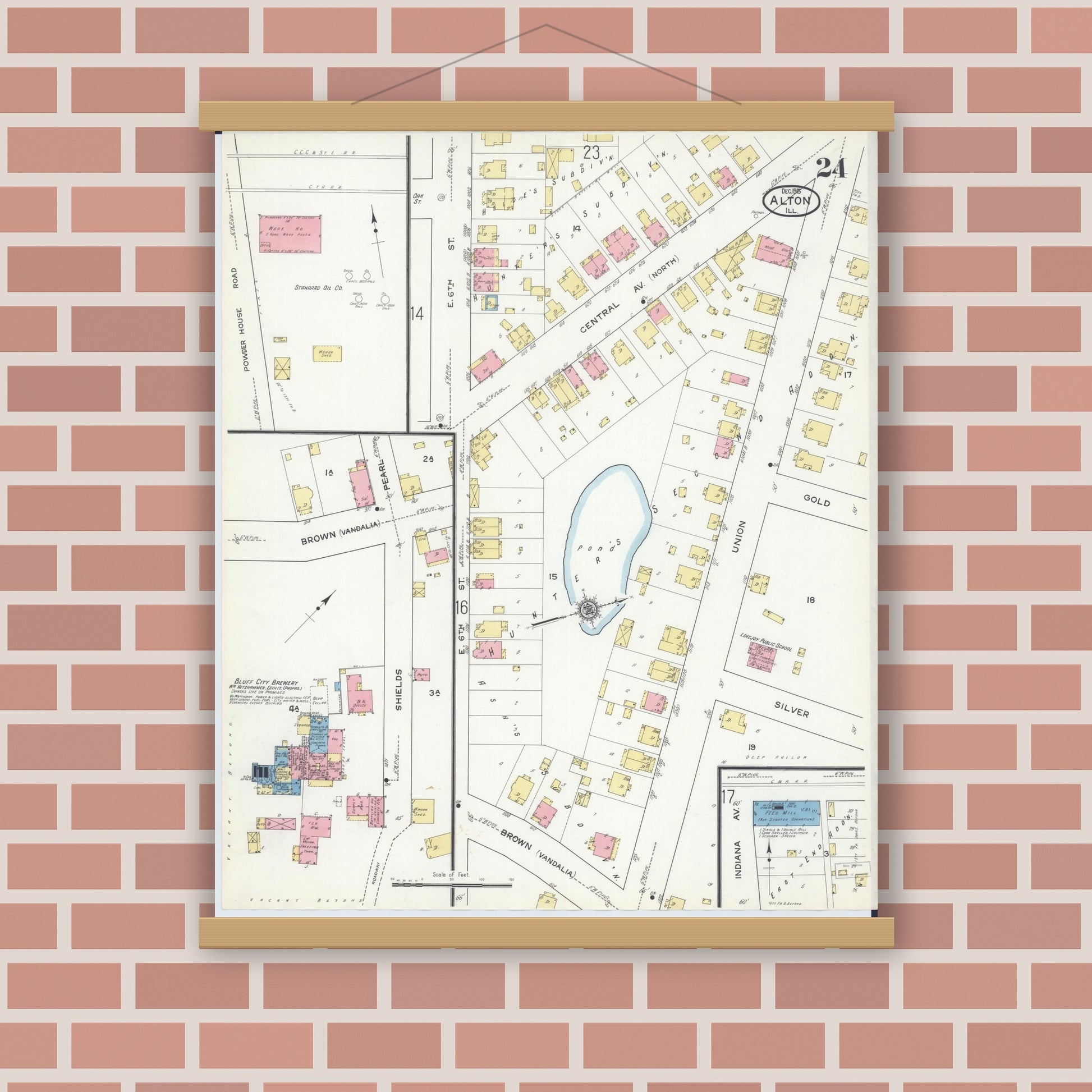 Old map wall art mockup — magnetic wood frame on brick wall — Sanborn Fire Insurance Map from Alton, Madison County, Illinois (1915), Sheet #0024