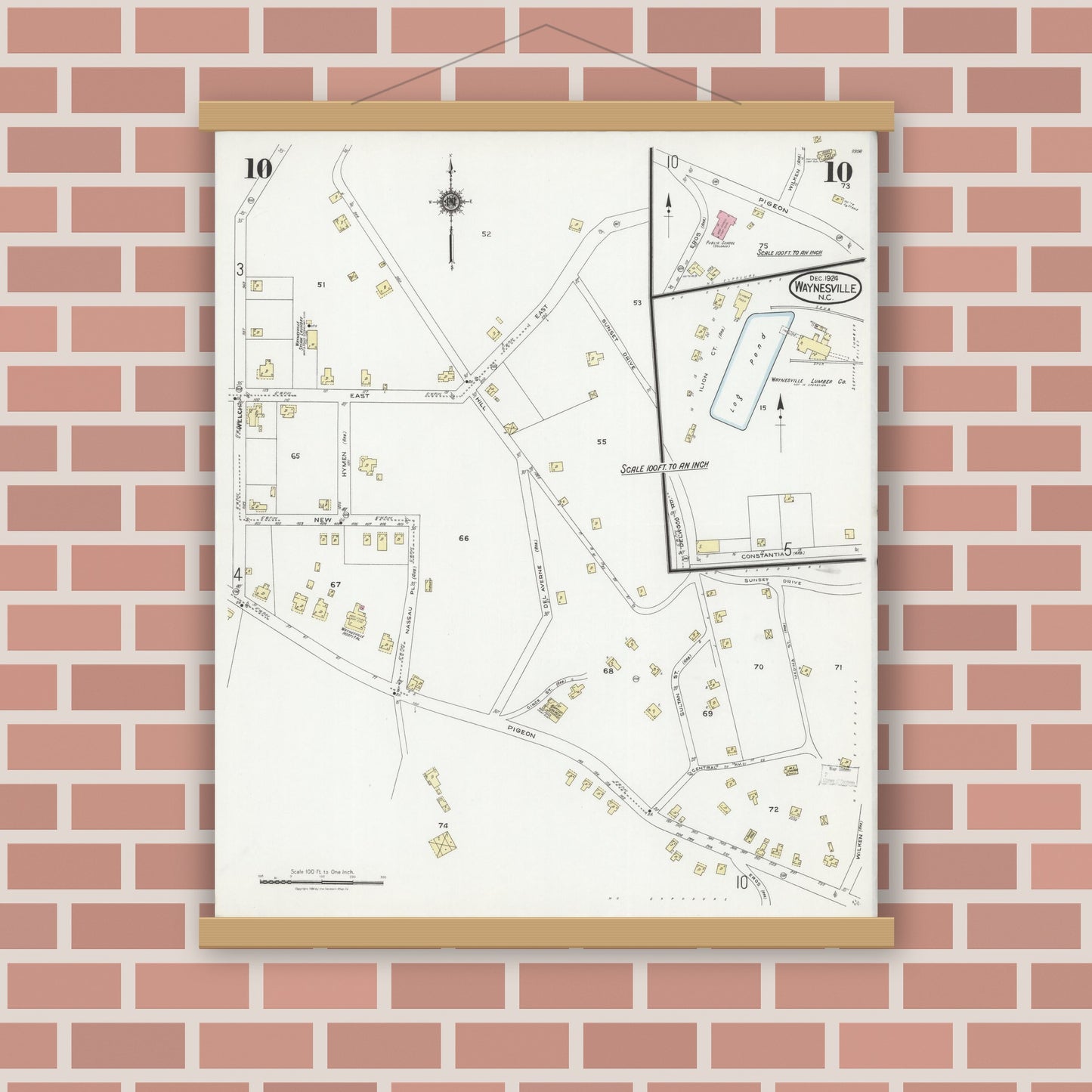 Old map wall art mockup — magnetic wood frame on brick wall — Sanborn Fire Insurance Map from Waynesville, Haywood County, North Carolina (1924), Sheet #0010