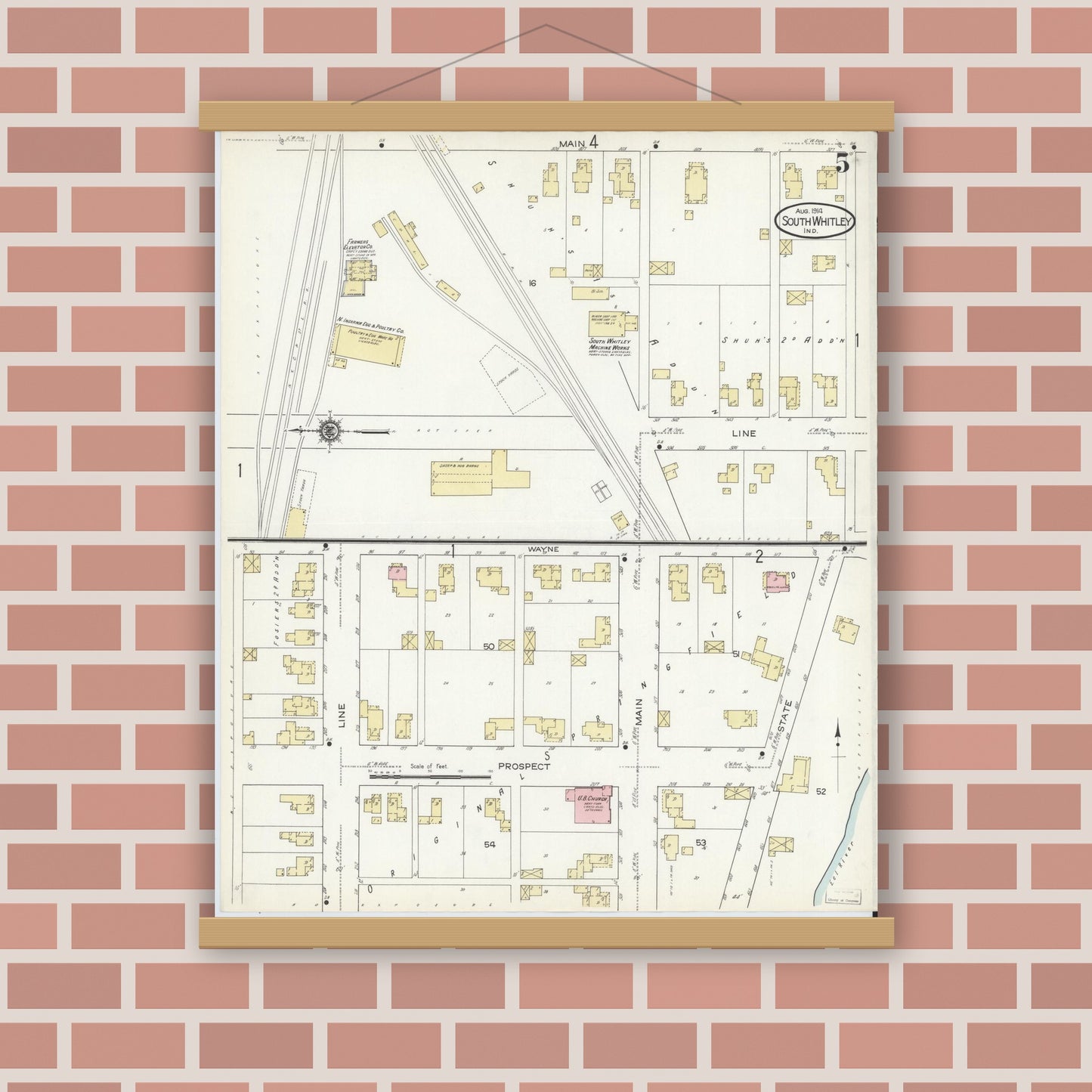 Old map wall art mockup — magnetic wood frame on brick wall — Sanborn Fire Insurance Map from South Whitley, Whitley County, Indiana (1914), Sheet #0005