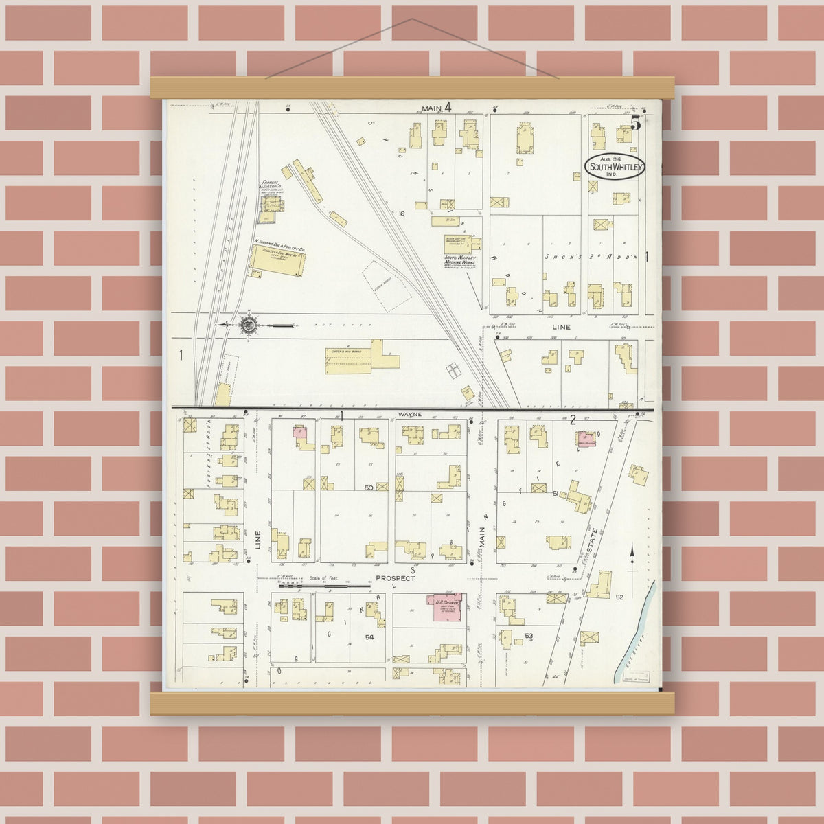 Old map wall art mockup — magnetic wood frame on brick wall — Sanborn Fire Insurance Map from South Whitley, Whitley County, Indiana (1914), Sheet #0005