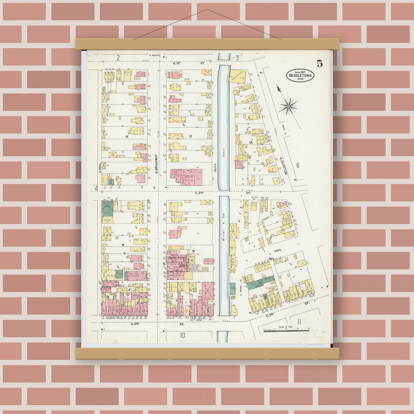 Old map wall art mockup — magnetic wood frame on brick wall — Sanborn Fire Insurance Map from Middletown, Butler County, Ohio (1907), Sheet #0005