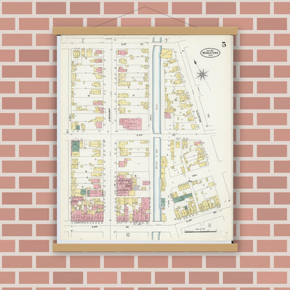 Old map wall art mockup — magnetic wood frame on brick wall — Sanborn Fire Insurance Map from Middletown, Butler County, Ohio (1907), Sheet #0005