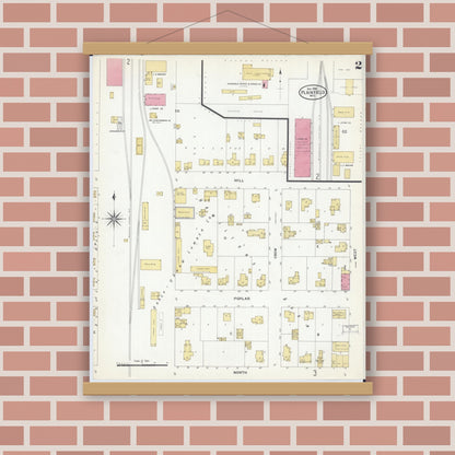 Old map wall art mockup — magnetic wood frame on brick wall — Sanborn Fire Insurance Map from Plainfield, Waushara County, Wisconsin (1908), Sheet #0002