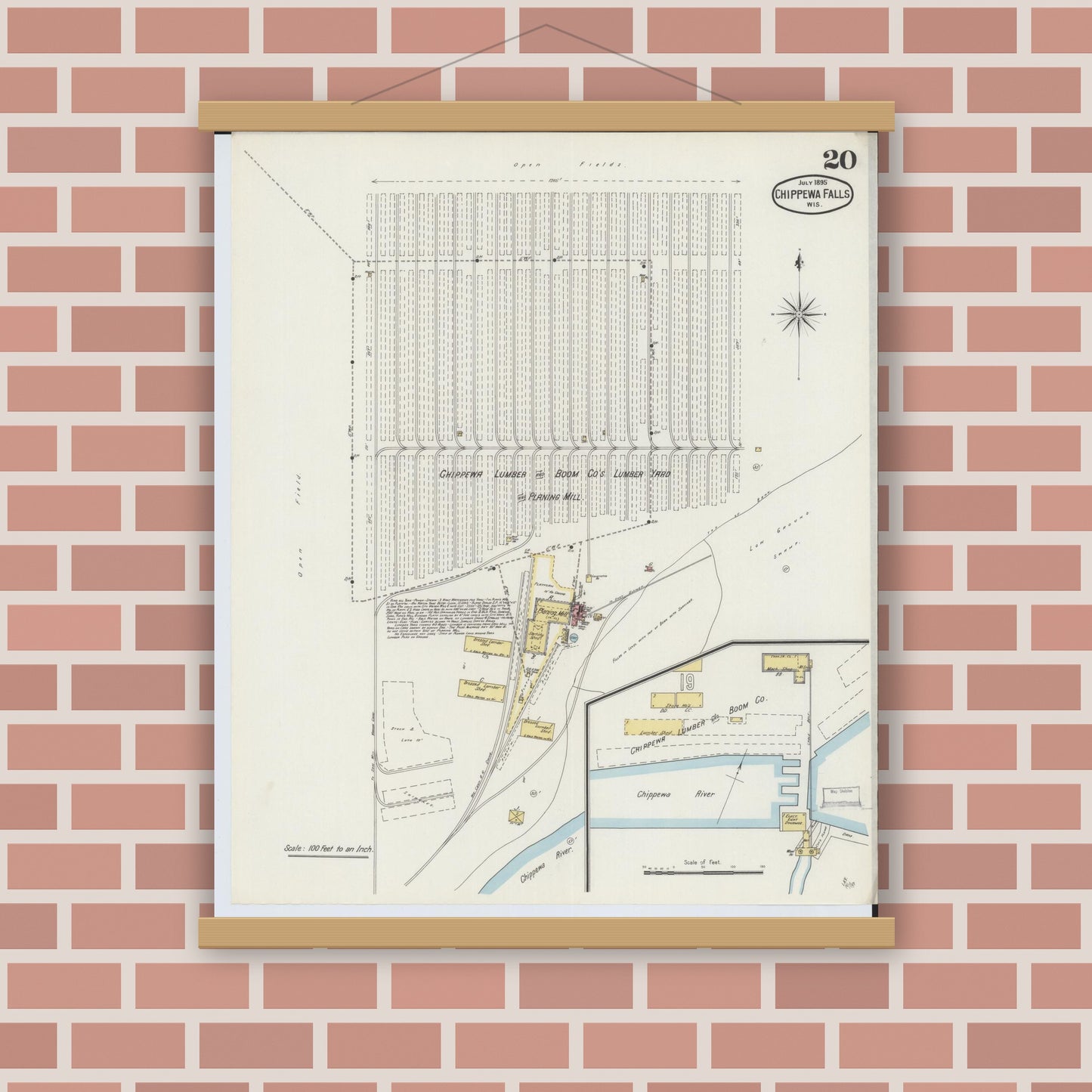 Old map wall art mockup — magnetic wood frame on brick wall — Sanborn Fire Insurance Map from Chippewa Falls, Chippewa County, Wisconsin (1895), Sheet #0020
