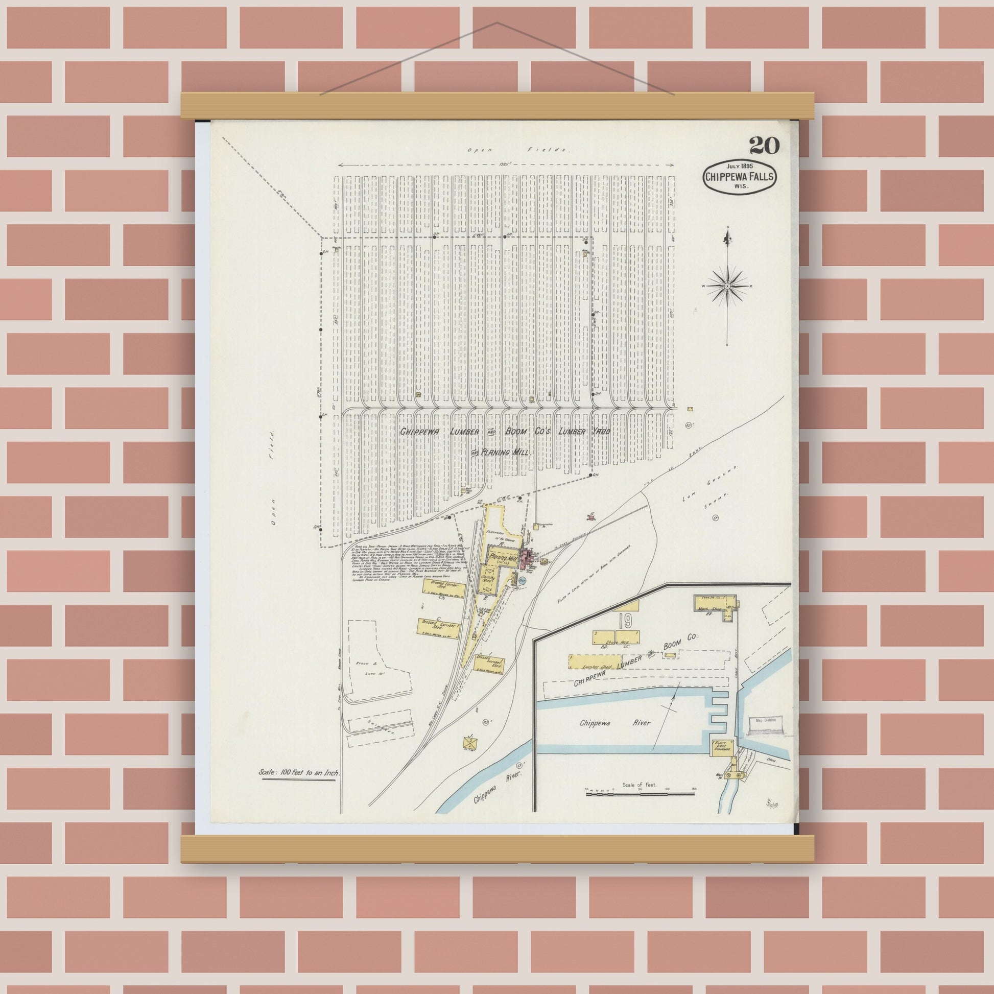 Old map wall art mockup — magnetic wood frame on brick wall — Sanborn Fire Insurance Map from Chippewa Falls, Chippewa County, Wisconsin (1895), Sheet #0020