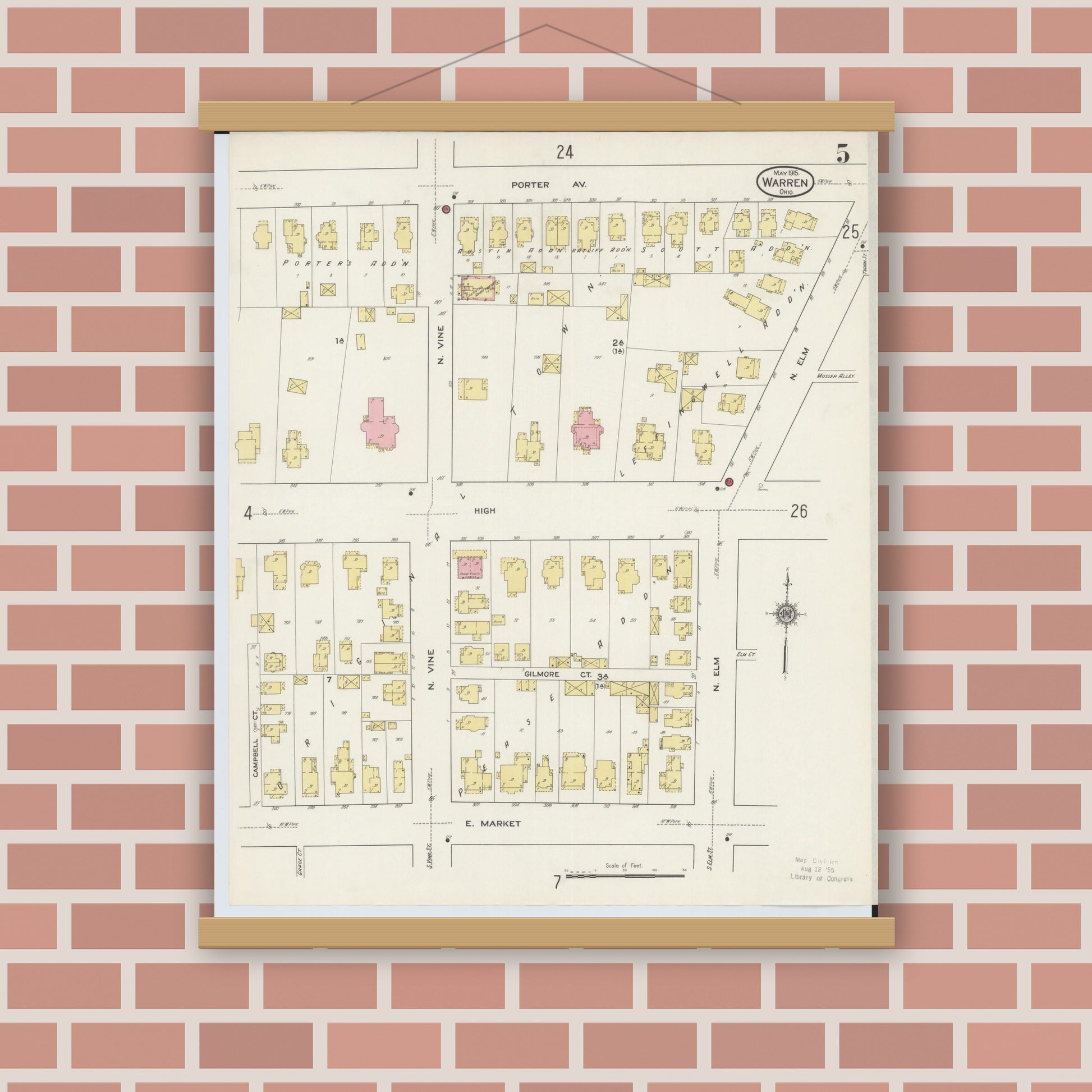 Old map wall art mockup — magnetic wood frame on brick wall — Sanborn Fire Insurance Map from Warren, Trumbull County, Ohio (1915), Sheet #0005