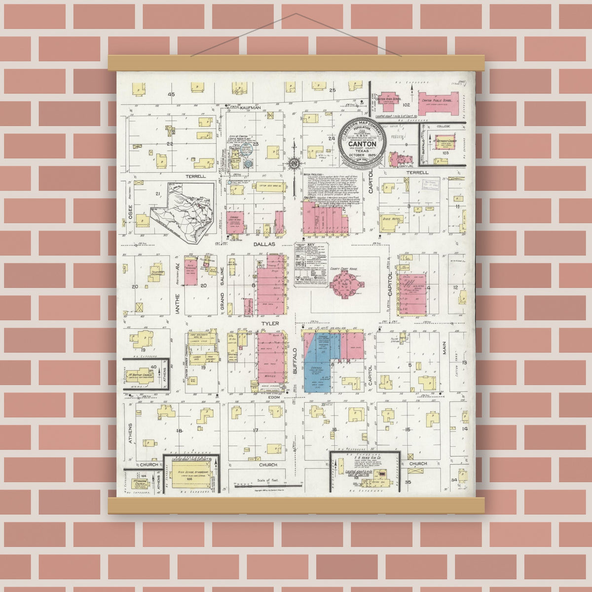 Old map wall art mockup — magnetic wood frame on brick wall — Sanborn Fire Insurance Map from Canton, Van Zandt County, Texas (1925), Sheet #0001