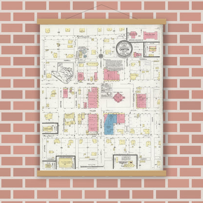 Old map wall art mockup — magnetic wood frame on brick wall — Sanborn Fire Insurance Map from Canton, Van Zandt County, Texas (1925), Sheet #0001
