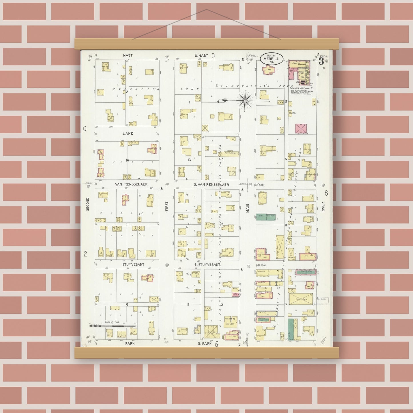 Old map wall art mockup — magnetic wood frame on brick wall — Sanborn Fire Insurance Map from Merrill, Lincoln County, Wisconsin (1907), Sheet #0003