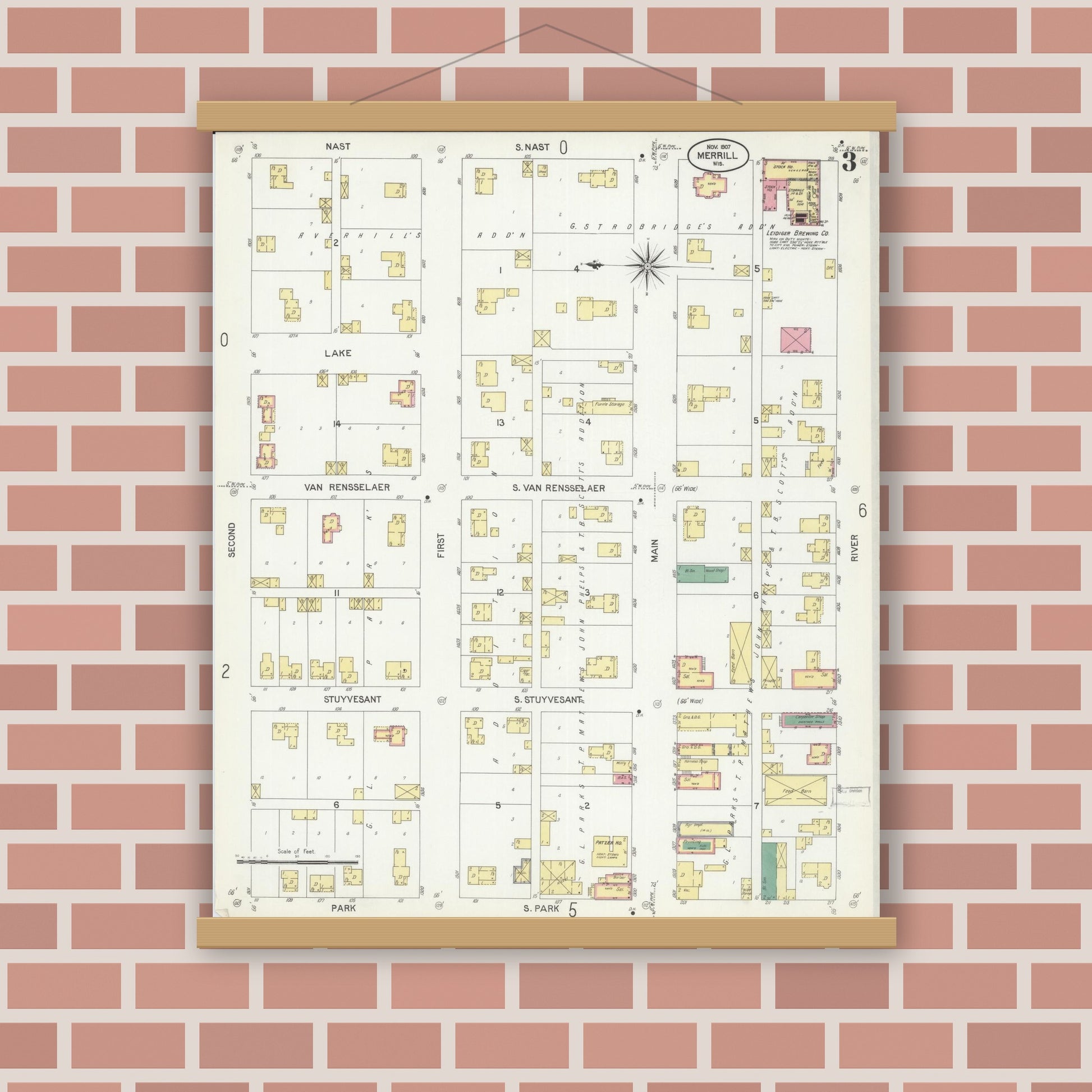 Old map wall art mockup — magnetic wood frame on brick wall — Sanborn Fire Insurance Map from Merrill, Lincoln County, Wisconsin (1907), Sheet #0003