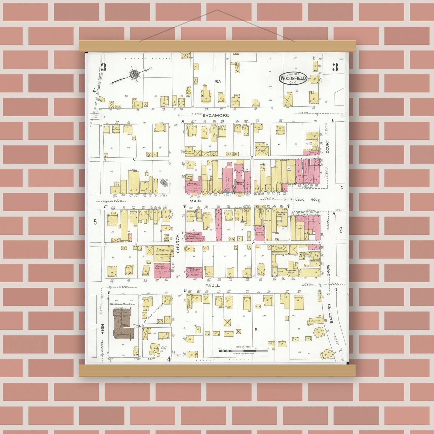 Old map wall art mockup — magnetic wood frame on brick wall — Sanborn Fire Insurance Map from Woodsfield, Monroe County, Ohio (1923), Sheet #0003