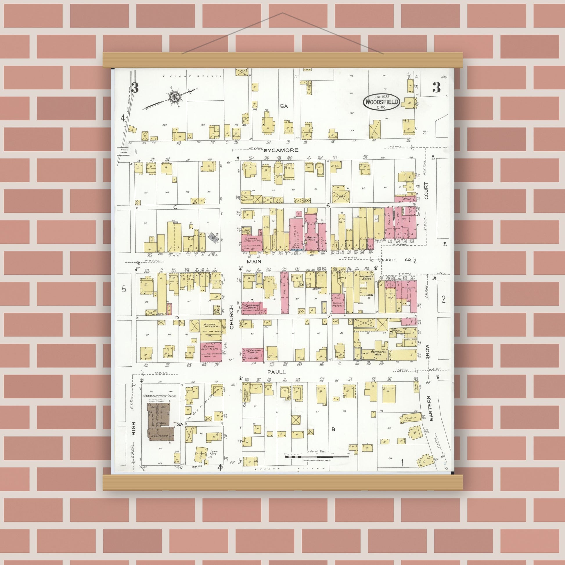 Old map wall art mockup — magnetic wood frame on brick wall — Sanborn Fire Insurance Map from Woodsfield, Monroe County, Ohio (1923), Sheet #0003