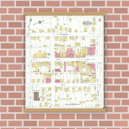 Old map wall art mockup — magnetic wood frame on brick wall — Sanborn Fire Insurance Map from Woodsfield, Monroe County, Ohio (1923), Sheet #0003