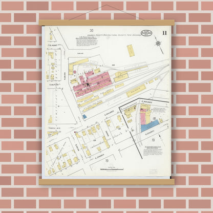 Old map wall art mockup — magnetic wood frame on brick wall — Sanborn Fire Insurance Map from Adrian, Lenawee County, Michigan (1916), Sheet #0011