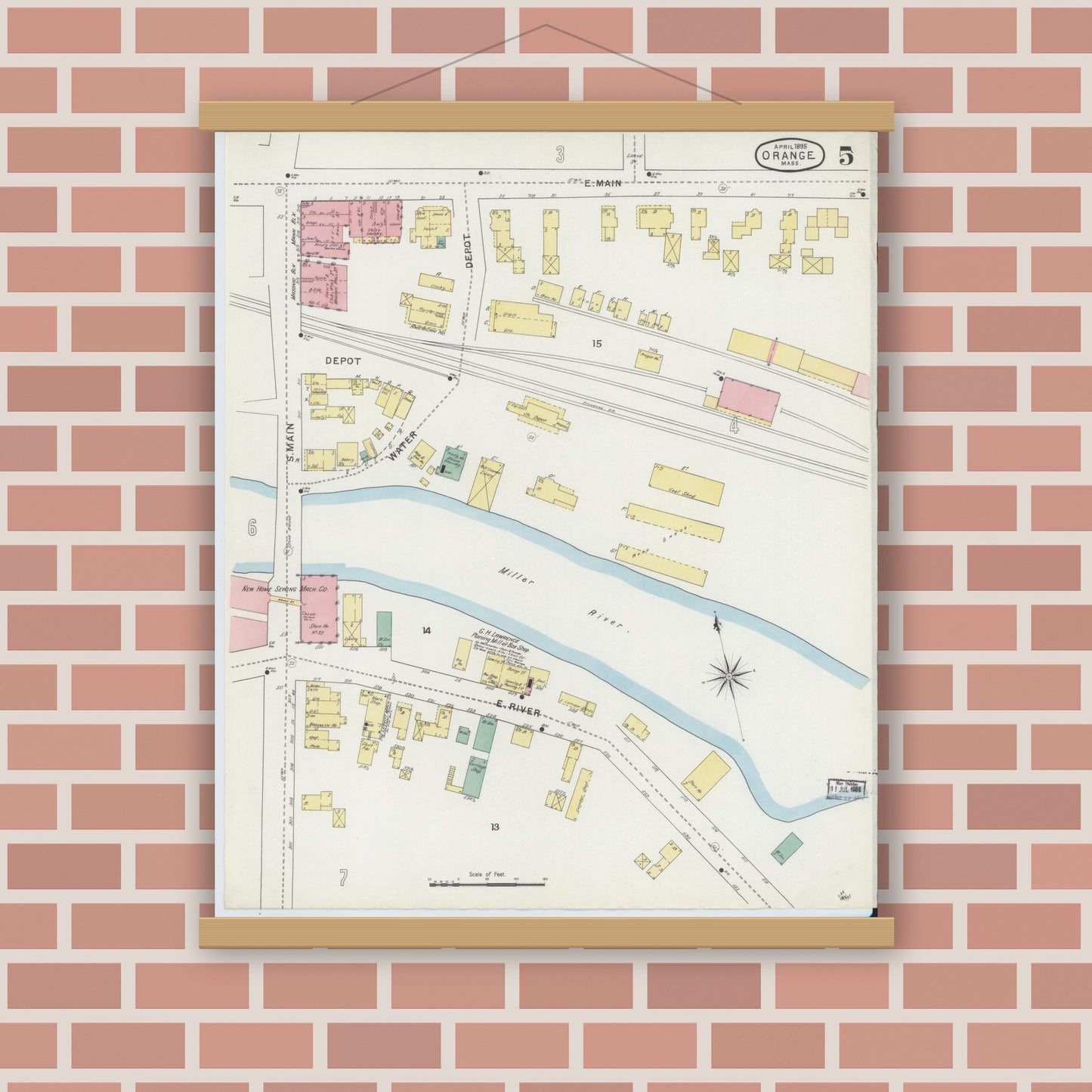 Old map wall art mockup — magnetic wood frame on brick wall — Sanborn Fire Insurance Map from Orange, Franklin County, Massachusetts (1895), Sheet #0005