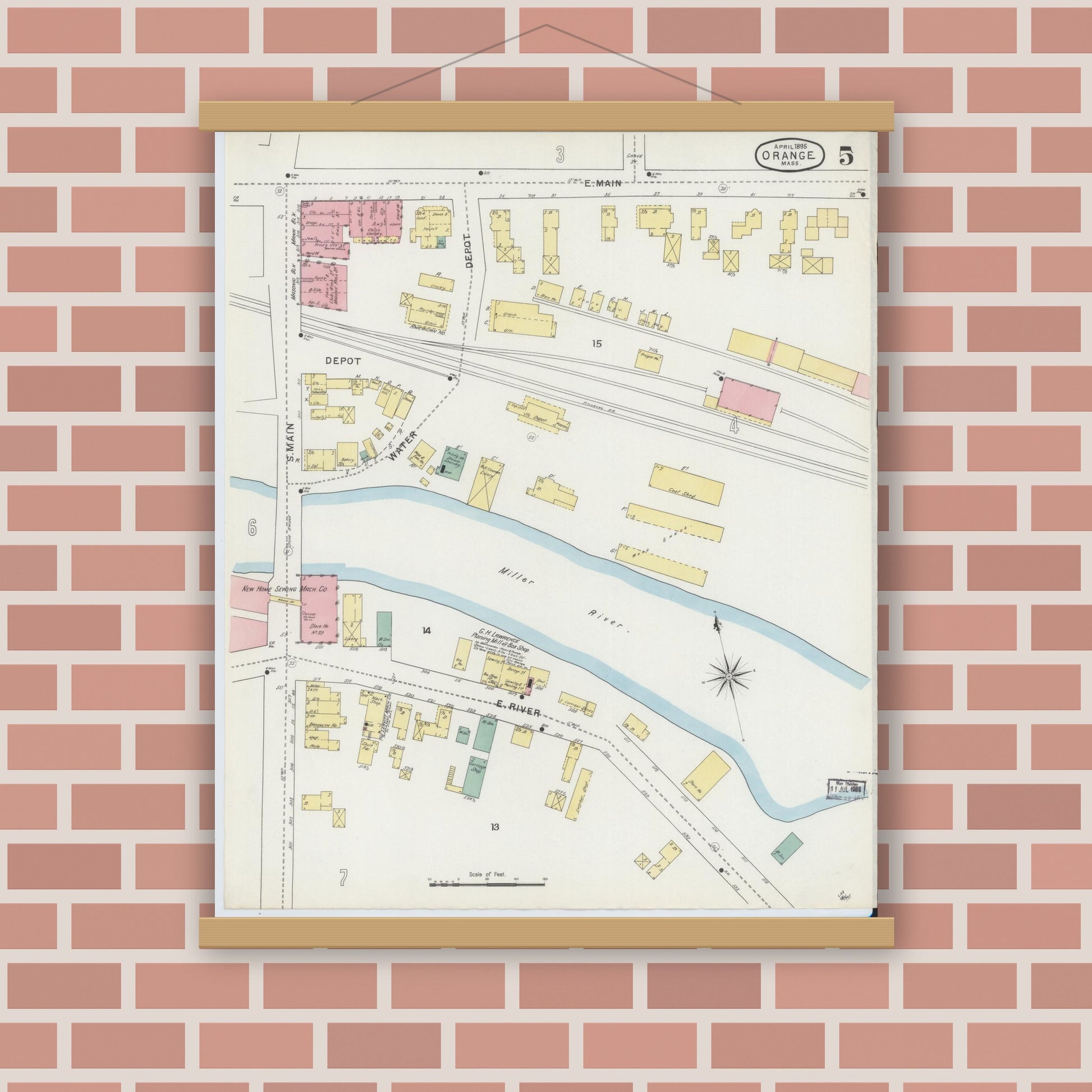 Old map wall art mockup — magnetic wood frame on brick wall — Sanborn Fire Insurance Map from Orange, Franklin County, Massachusetts (1895), Sheet #0005