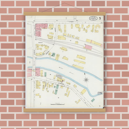Old map wall art mockup — magnetic wood frame on brick wall — Sanborn Fire Insurance Map from Orange, Franklin County, Massachusetts (1895), Sheet #0005