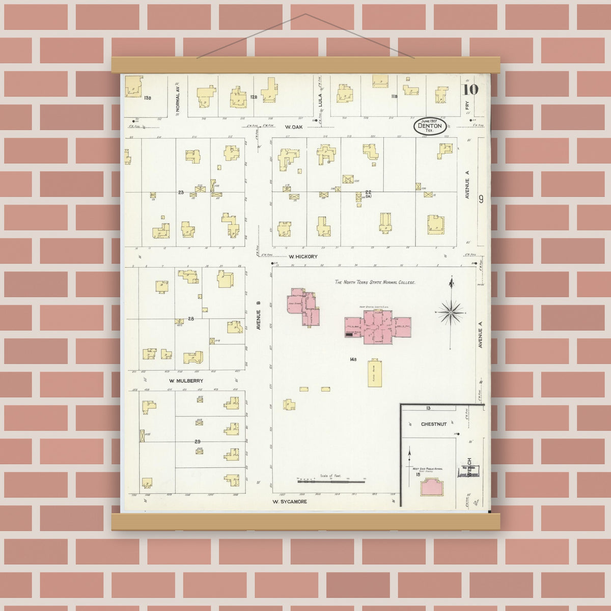 Old map wall art mockup — magnetic wood frame on brick wall — Sanborn Fire Insurance Map from Denton, Denton County, Texas (1907), Sheet #0010